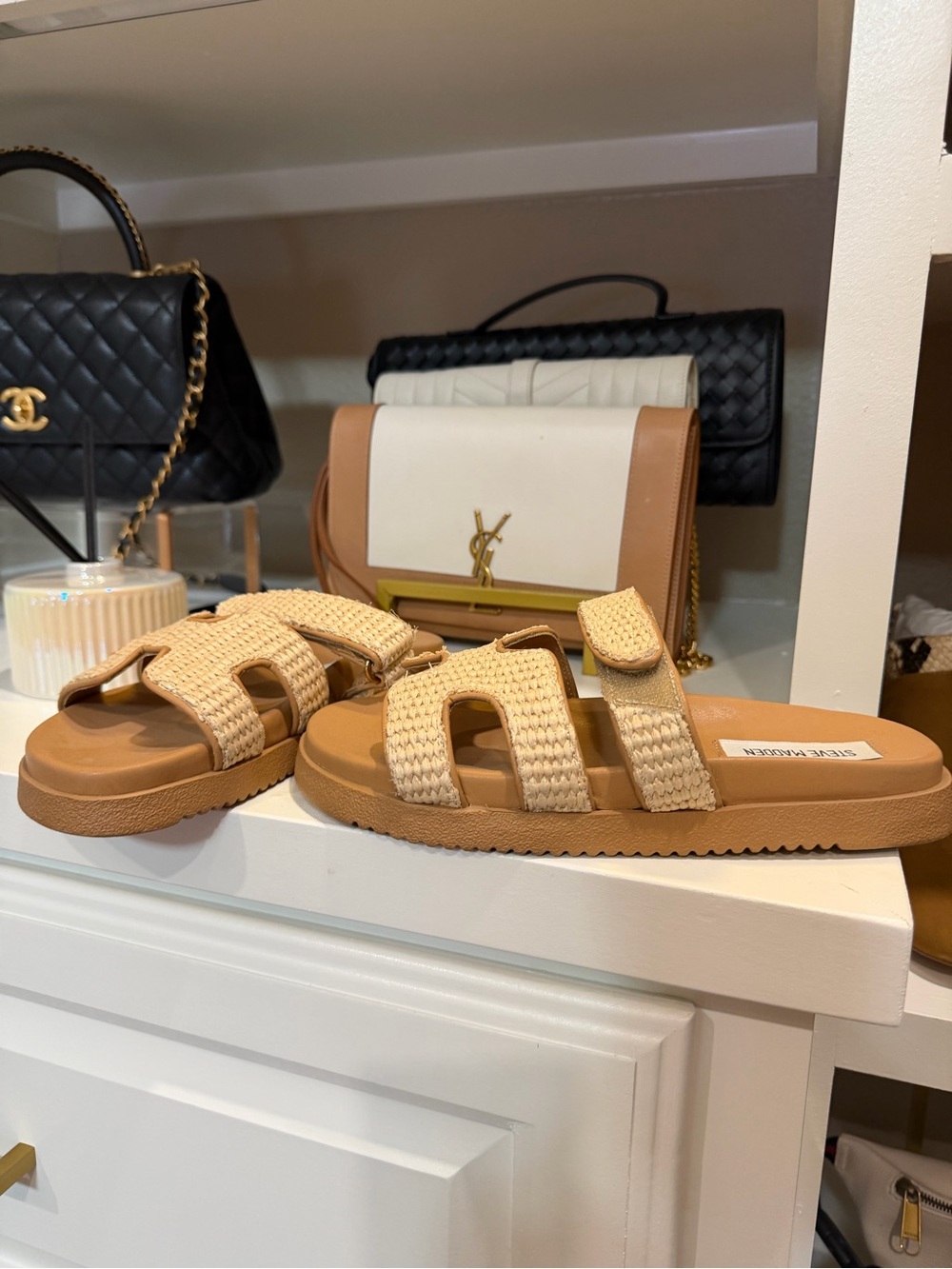 Steve Madden Tan Raffia Double-Strap Slide Sandals - Picture 3 of 4